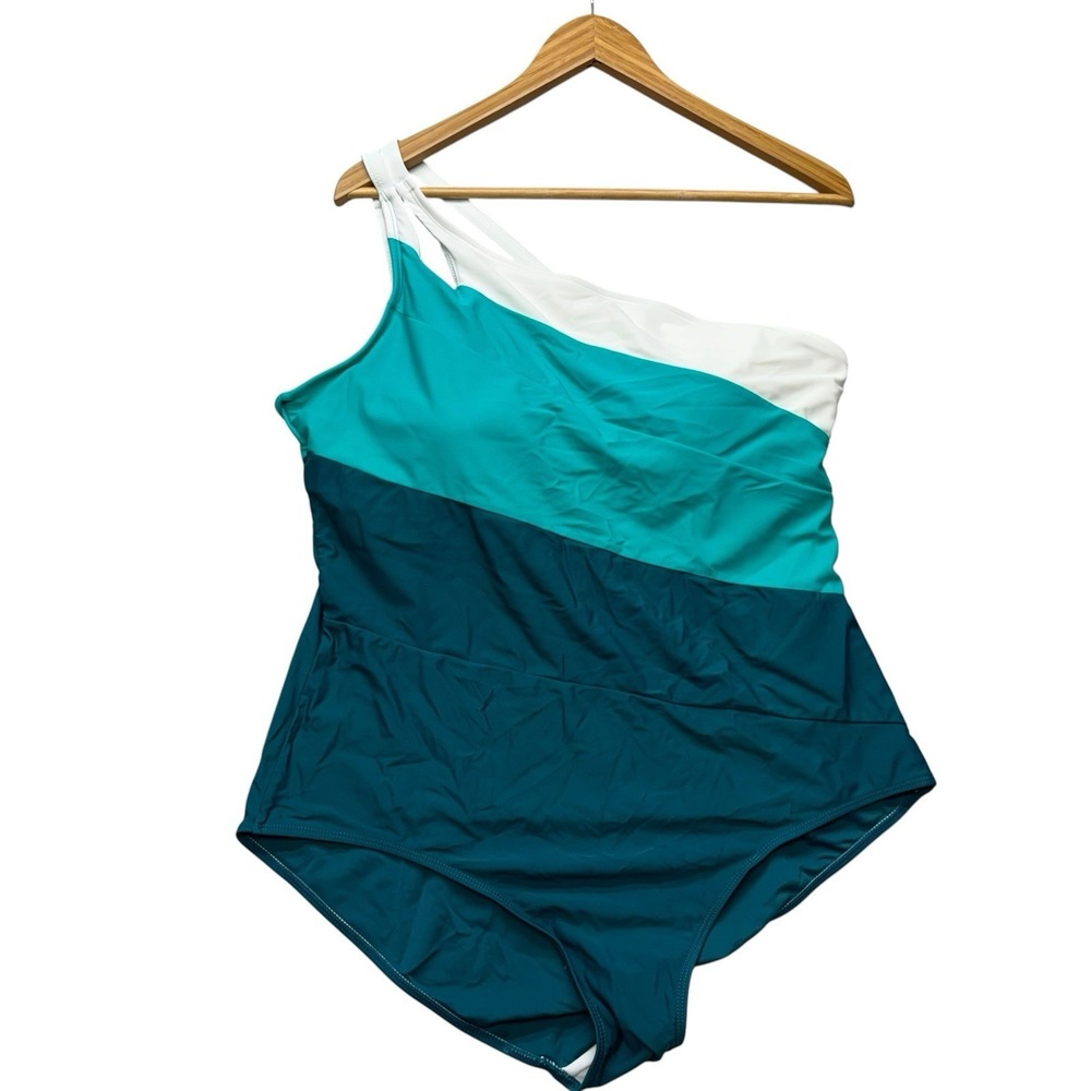Kim Curvy Womens Swimsuit 18W Teal Green One Piece Shoulder Modest